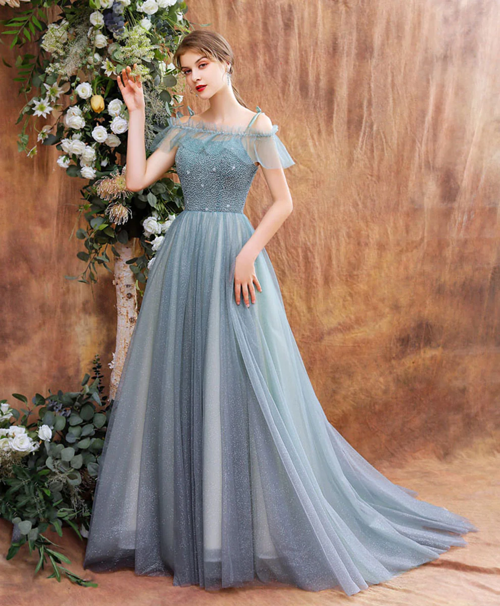 Unique Tulle Beads Long Green Prom Dress, Tulle Formal Dress - Deanwangkt