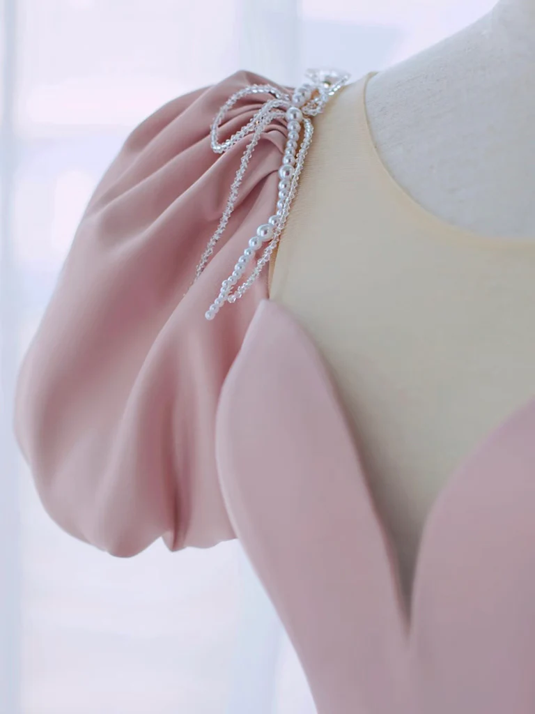 A-Line Puff Sleeves Satin Pink Long Prom Dress, Pink Long Formal Dress - Deanwangkt