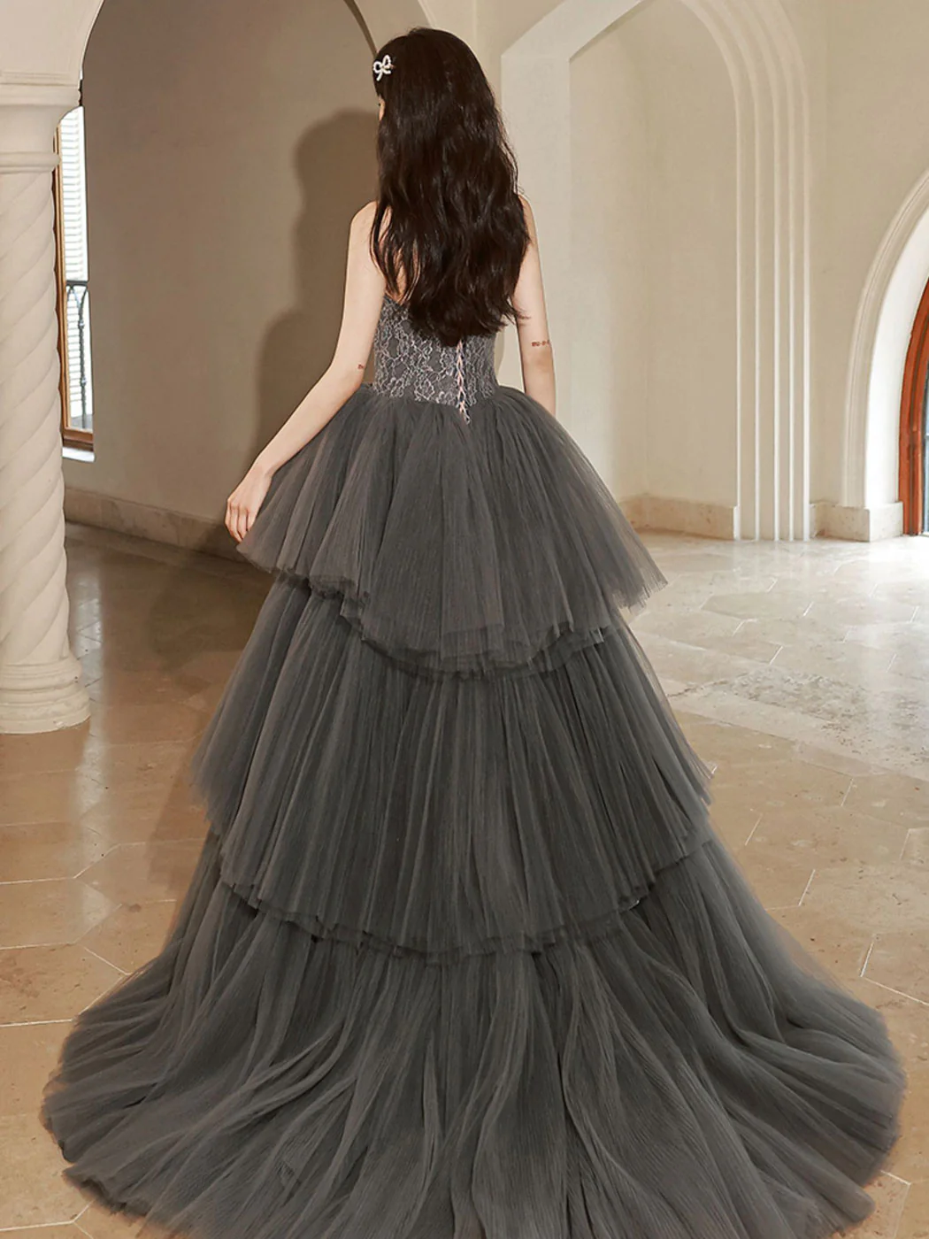 Gray Lace Long Prom Dresses, Lace Formal Gray Graduation Dresses - Deanwangkt