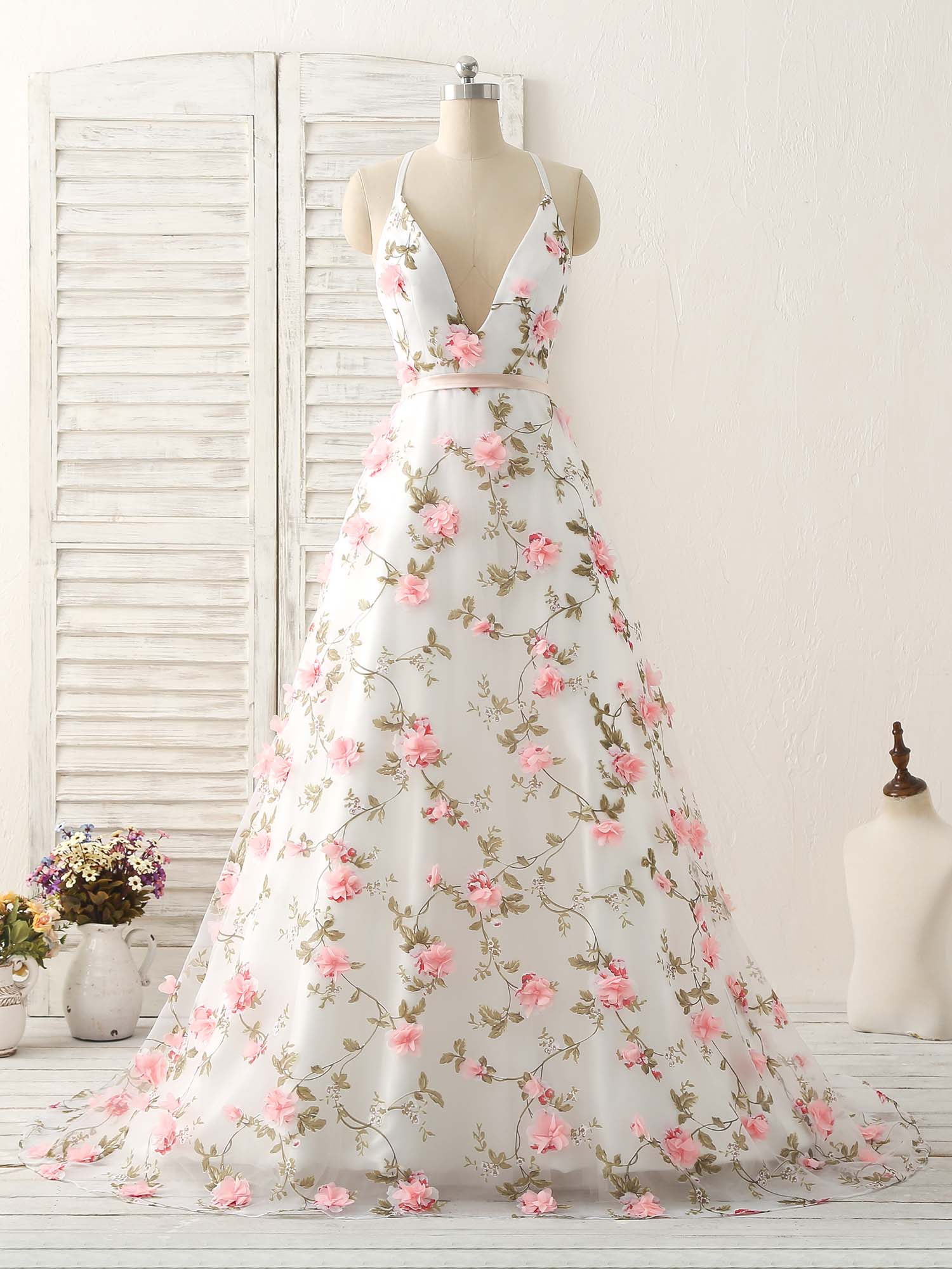 White V Neck 3D Applique Tulle Long Prom Dress White Evening Dress - Deanwangkt