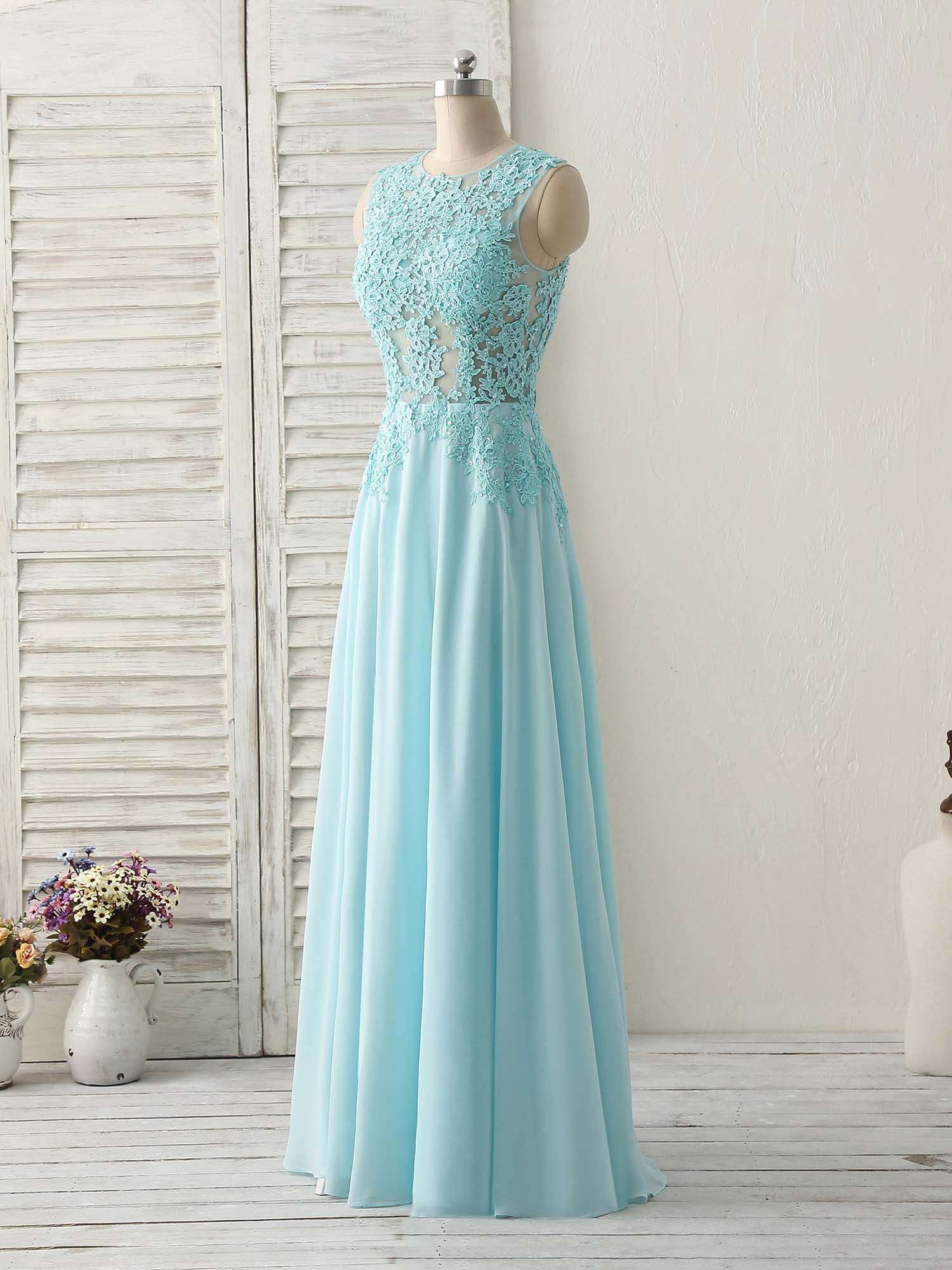 Blue Round Neck Lace Chiffon Long Prom Dress, Blue Long Formal Dresses - Deanwangkt