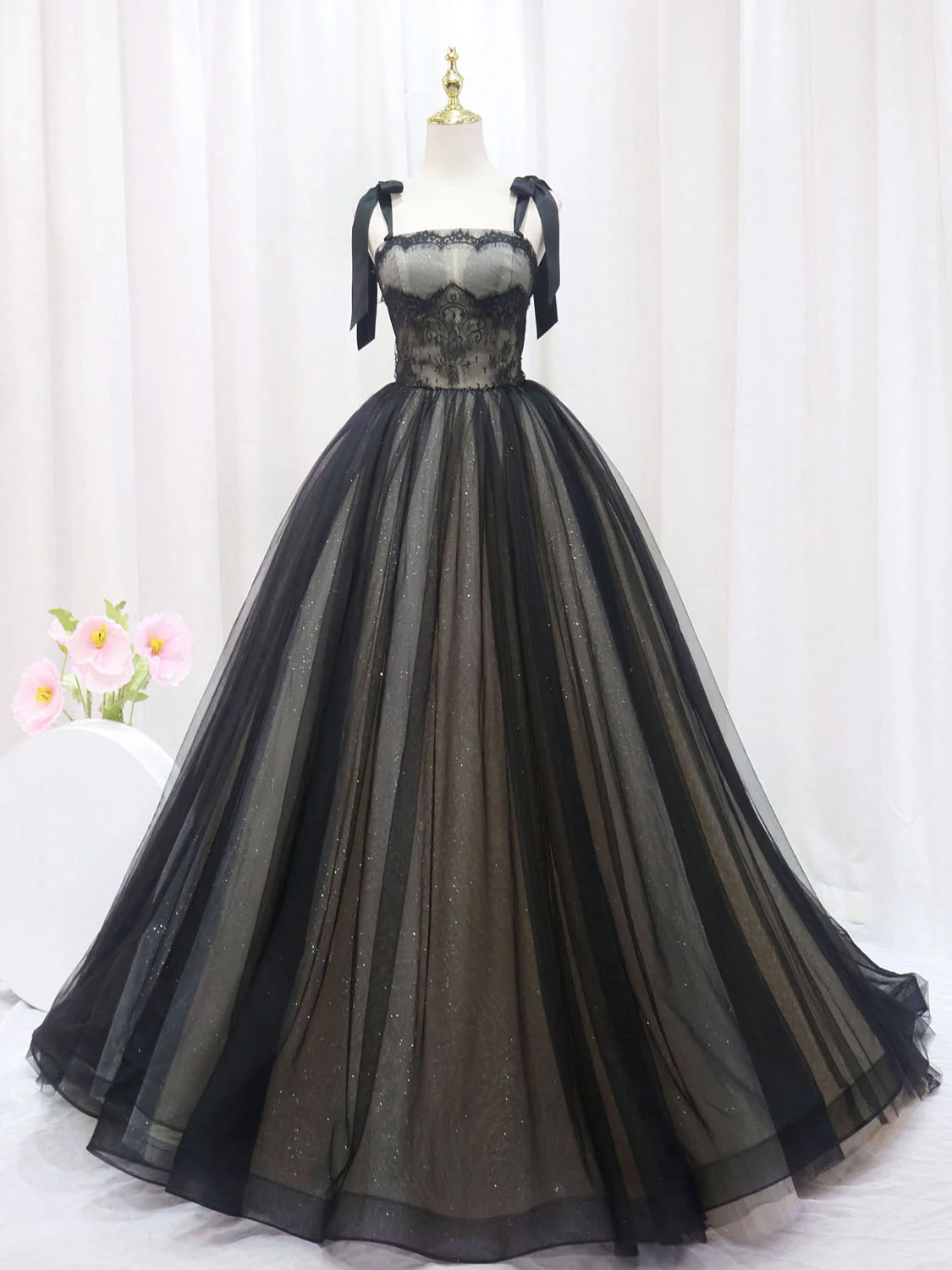 Black A-Line Tulle Long Prom Dresses, Black Tulle Formal Evening Dress - Deanwangkt