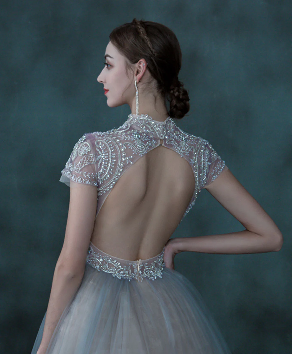 Blue Tulle Sequin Beading Long Prom Dress, Blue Aline Tulle Evening Dress - Deanwangkt