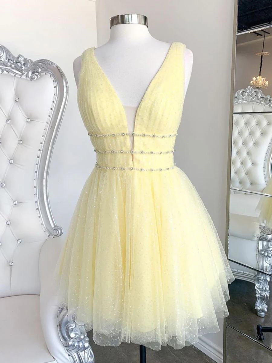 Cute Yellow V Neck Tulle Beads Short Prom Dress Yellow Homecoming Dress - Deanwangkt