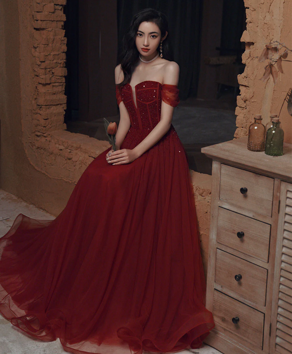 Burgundy Sweetheart Tulle Sequin Long Prom Dress Burgundy Formal Dress - Deanwangkt