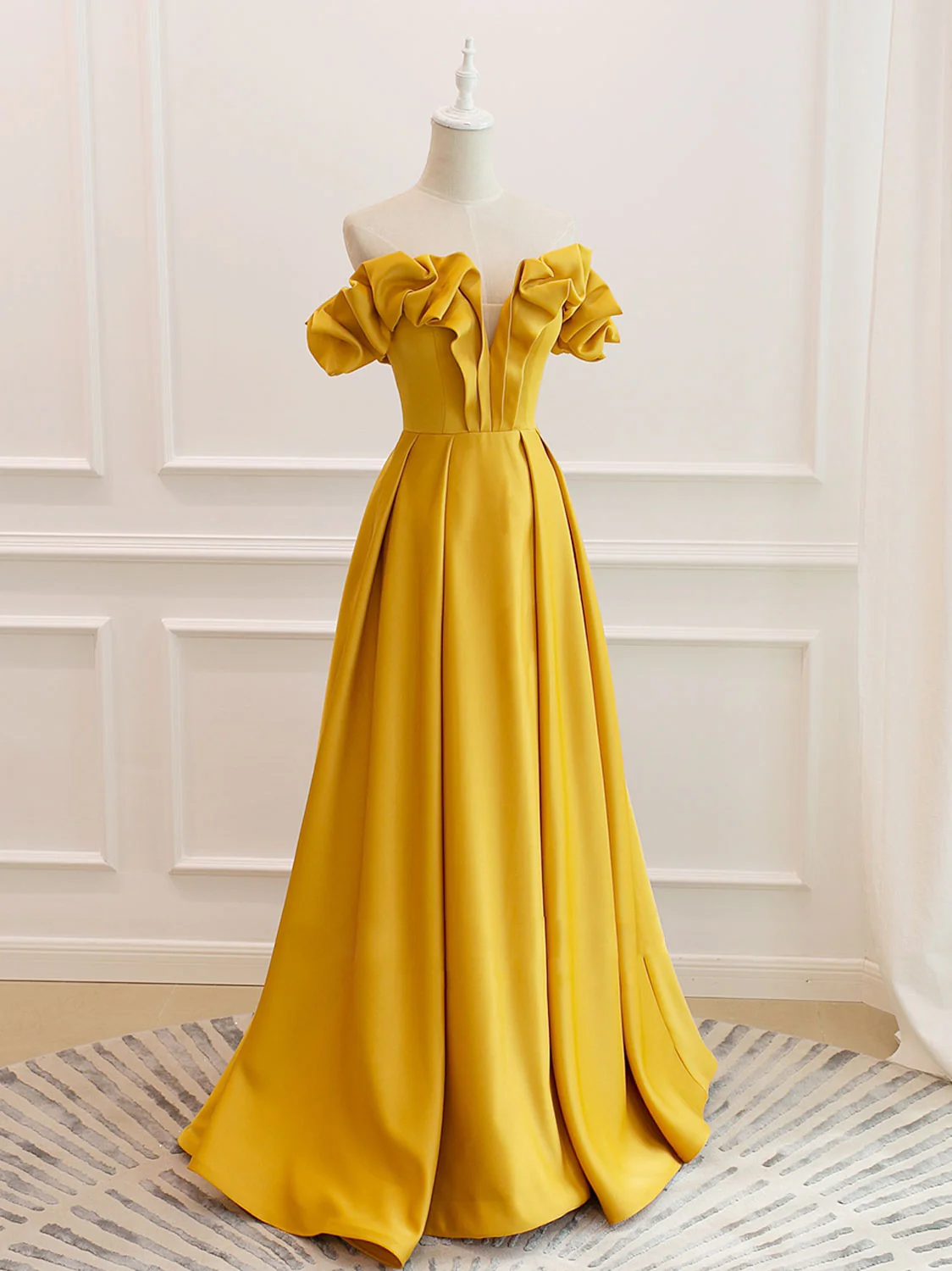 A-Line Off Shoulder Satin Yellow Long Prom Dress, Yellow Formal Evening Dress - Deanwangkt