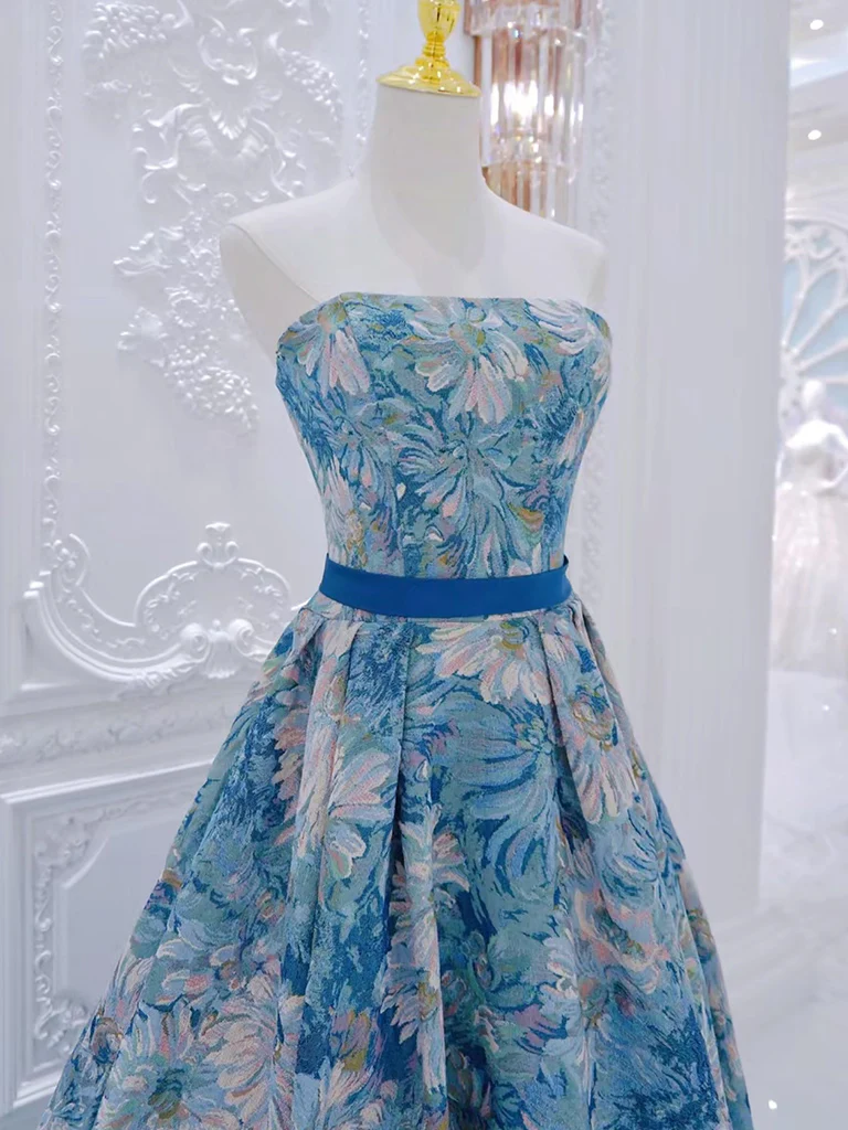 Unique A-Line Flower Satin Blue Long Prom Dress, Blue Long Formal Dress - Deanwangkt