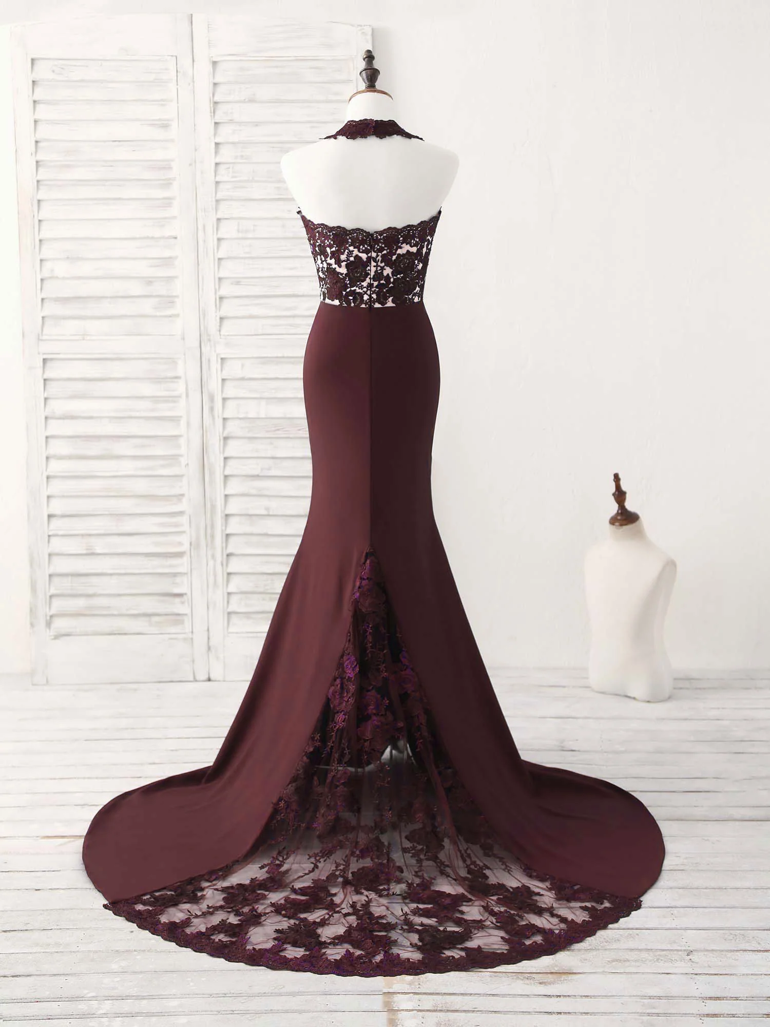 Burgundy Lace Mermaid Long Prom Dress Burgundy Bridesmaid Dress - Deanwangkt