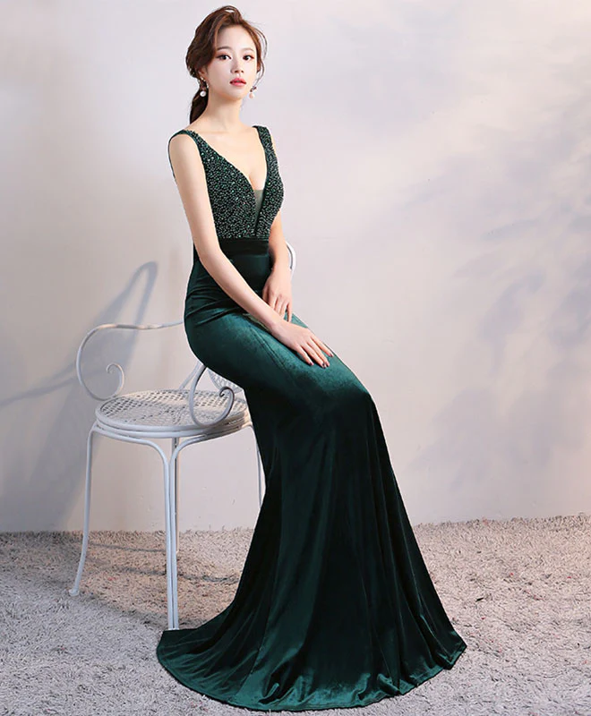 Green V Neck Velvet Long Prom Dress, Mermaid Evening Dress - Deanwangkt
