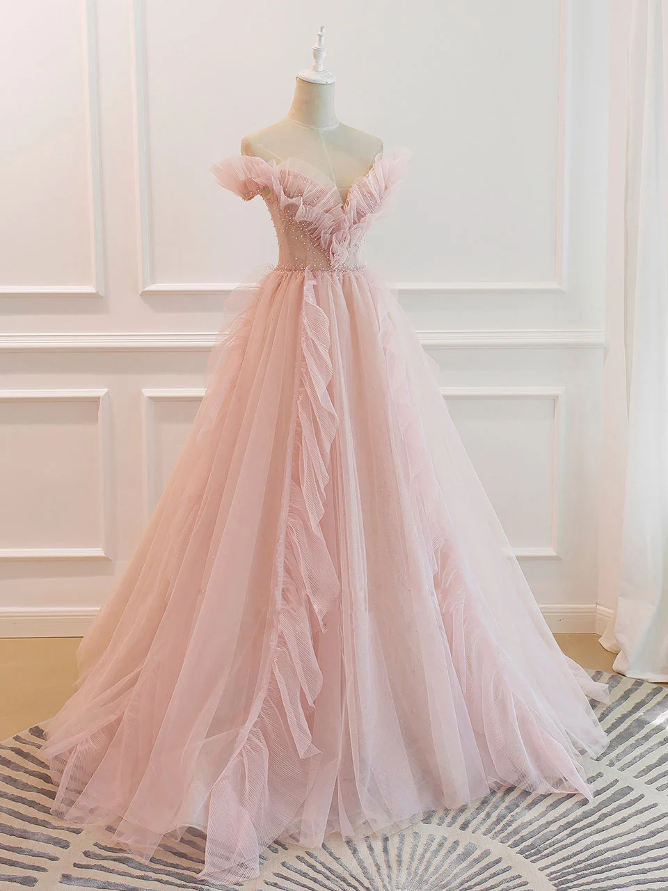 Pink Off Shoulder Tulle Long Prom Dress, Pink A line Tulle Graduation Dress - Deanwangkt