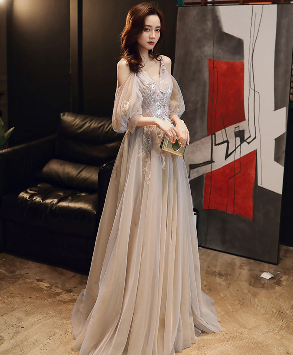 Champagne v neck tulle lace long prom dress champagne formal dress - Deanwangkt