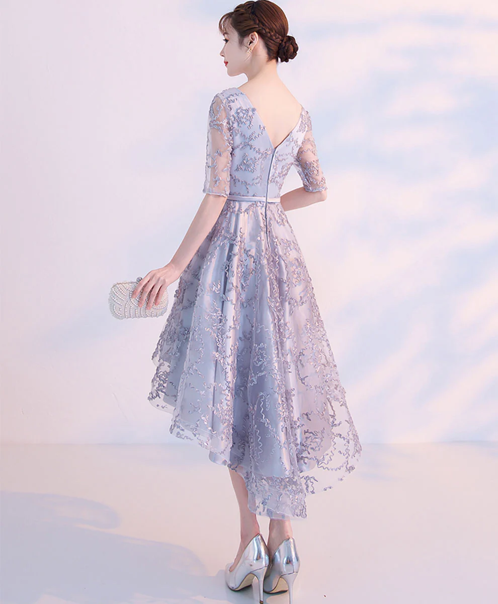 Gray Lace High Low Prom Dress Fray Lace Cocktail Dress, Gray Homecoming Dress - Deanwangkt