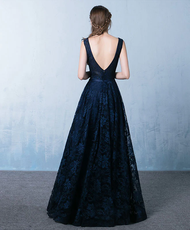Elegant Dark Blue V Neck Long Prom Dress, Lace Evening Dress - Deanwangkt