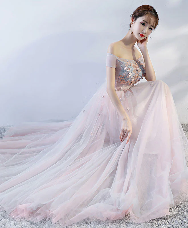 Pink Off Shoulder Tulle Lace Applique Long Prom Dress, Pink Evening Dress - Deanwangkt