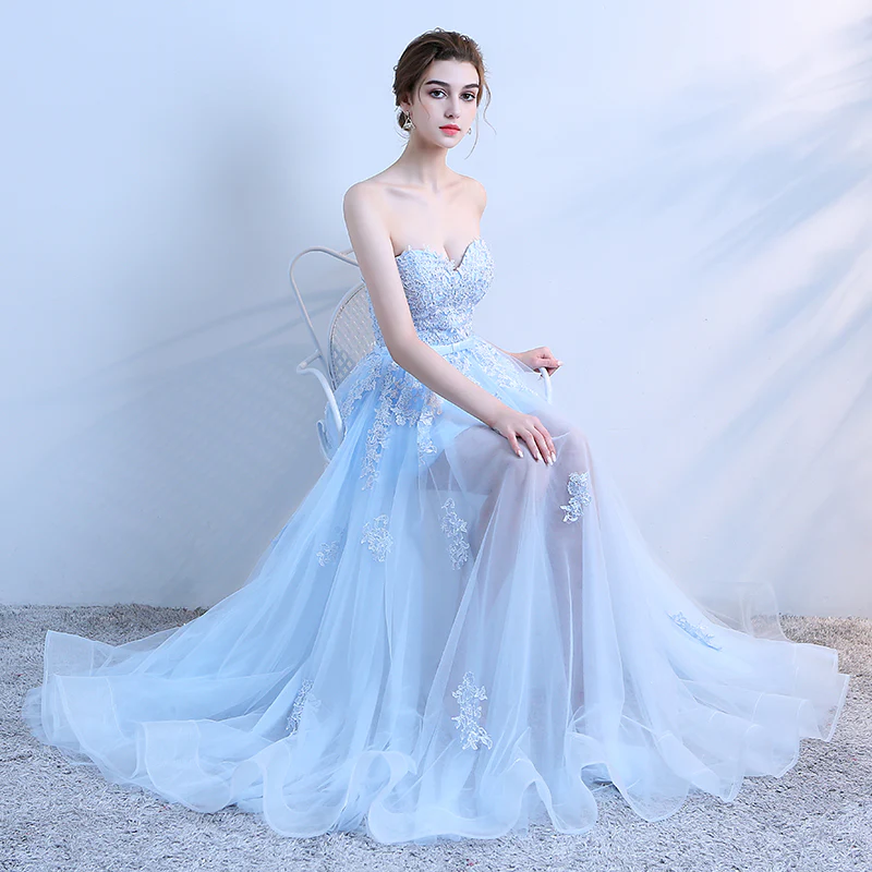 Sky Blue Lace Long Prom Dress, Lace Evening Dress - Deanwangkt