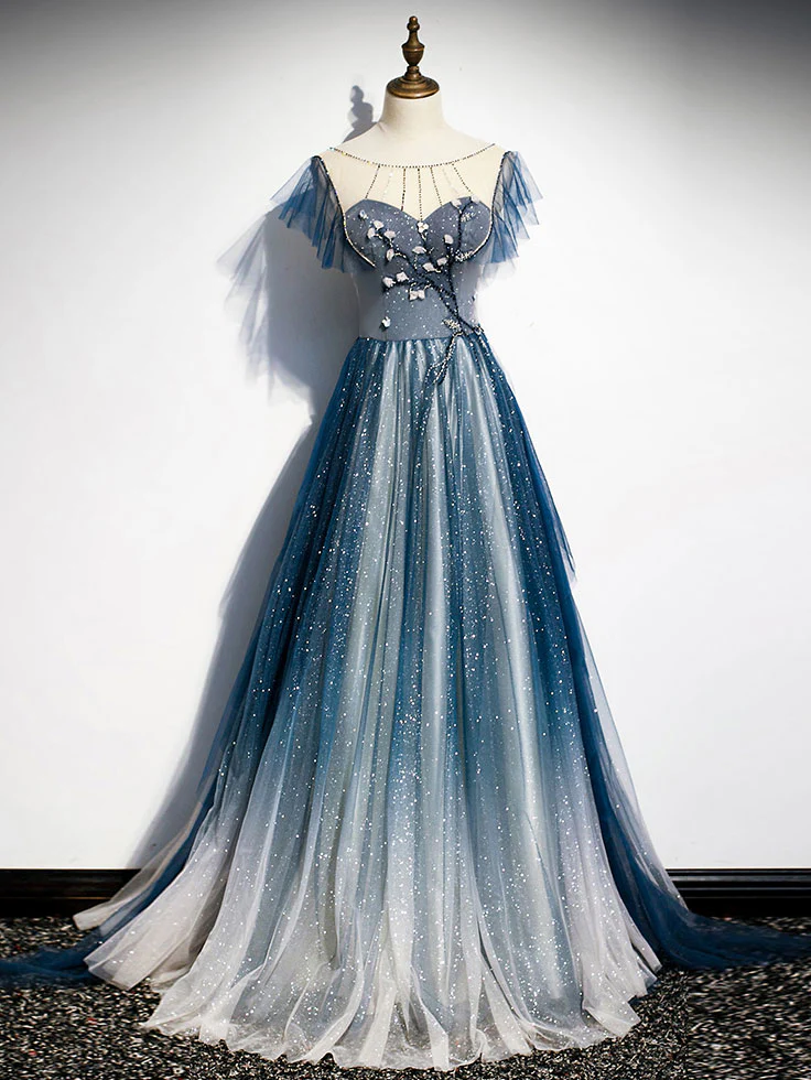 Blue Round Neck Tulle Beads Long Prom Dress, Blue Evening Dress - Deanwangkt