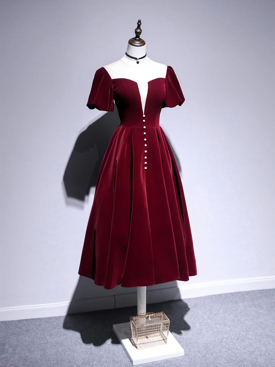 A line Velvet Tea Length Prom Dresses, Burgundy Velvet Bridesmaid Dresses - Deanwangkt
