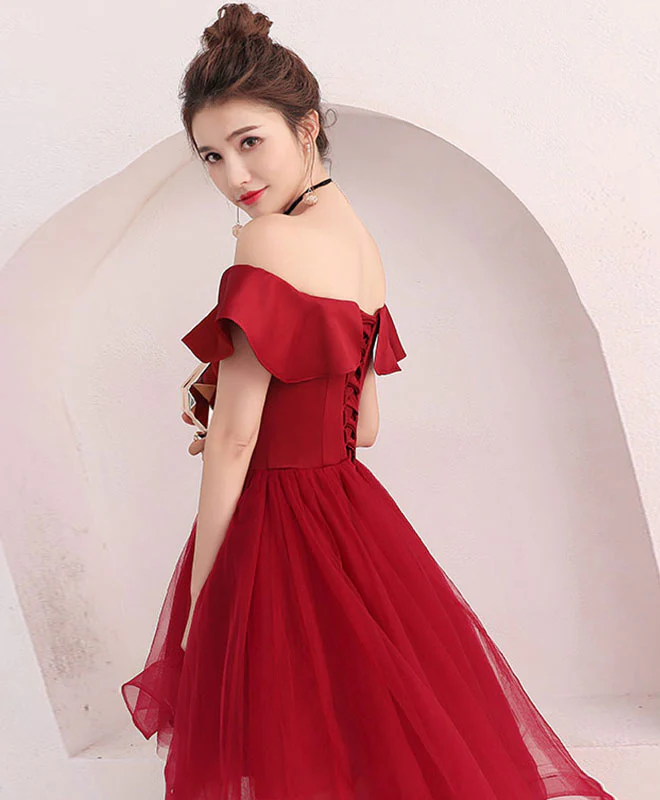 Cute Burgundy Tulle Off Shoulder Short Prom Dress, Burgundy Homecoming Dress - Deanwangkt