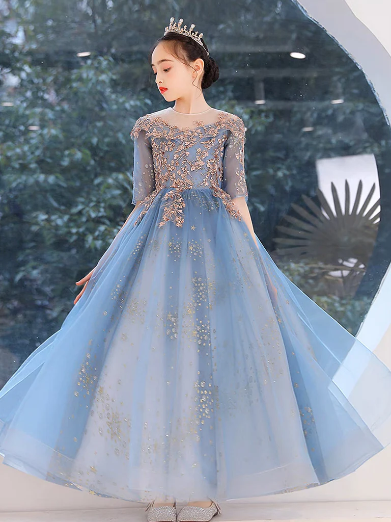 Blue Round Neck Tulle Sequin Lace Flower Girl Dress, Cute Blue Flower Girl Dress - Deanwangkt