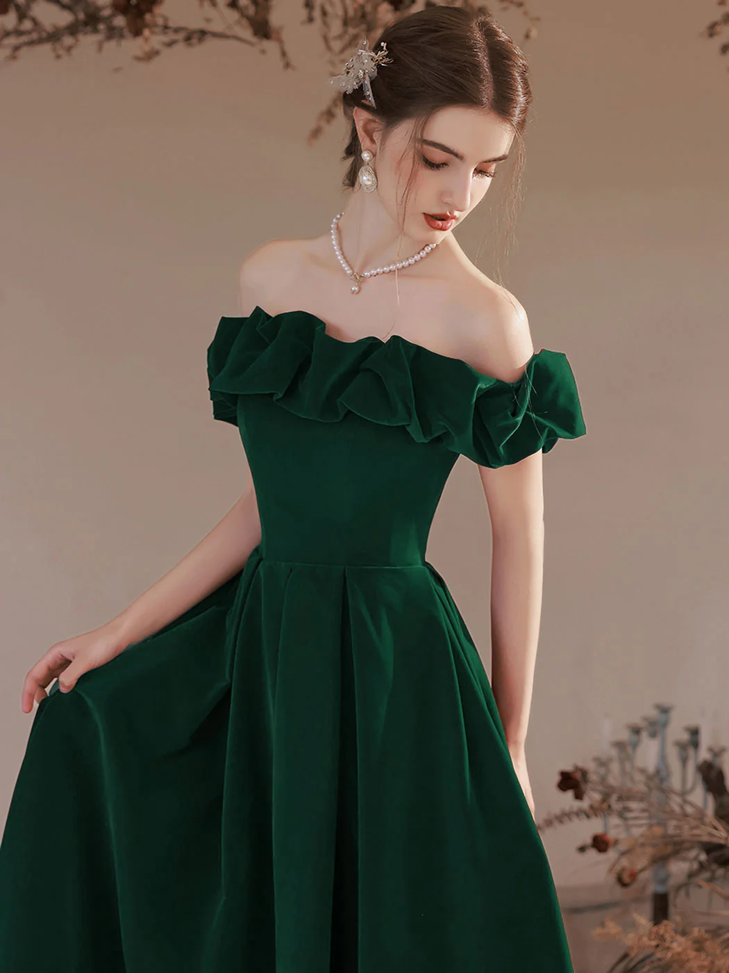 A-Line Off Shoulder Velvet Green Long Prom Dress, Green Formal Evening Dress - Deanwangkt