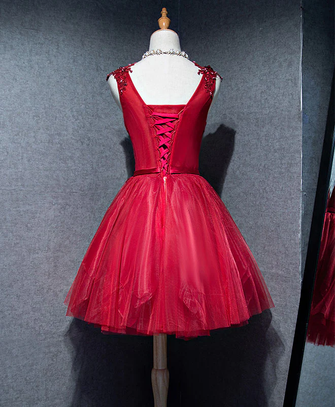 Simple V Neck Tulle Burgundy Homecoming Dress,  Burgundy Prom Dress - Deanwangkt
