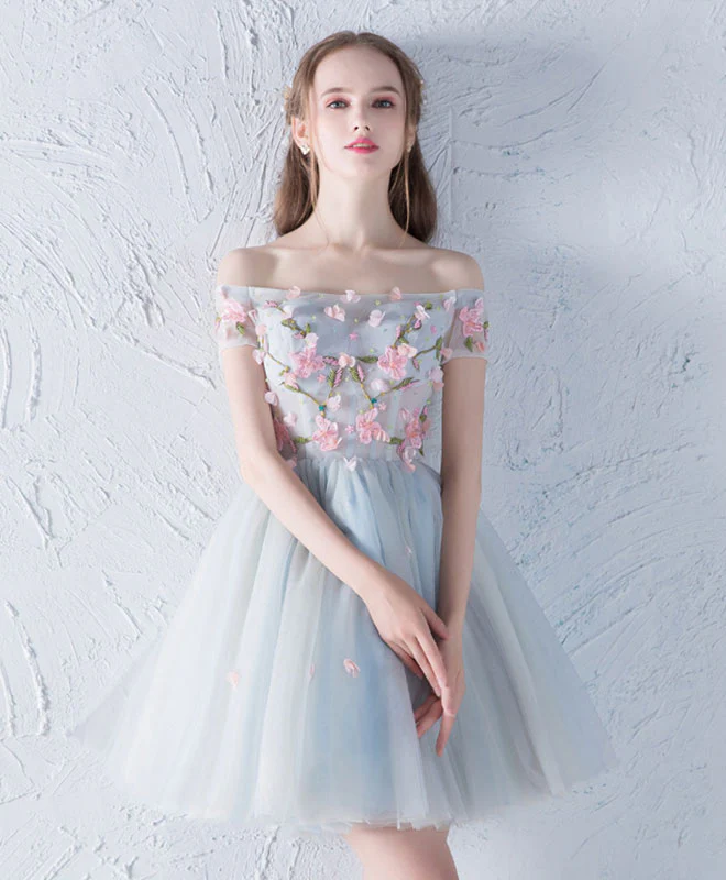 Gray Blue Tulle Lace Applique Short Prom Dress, Homecoming Dress - Deanwangkt