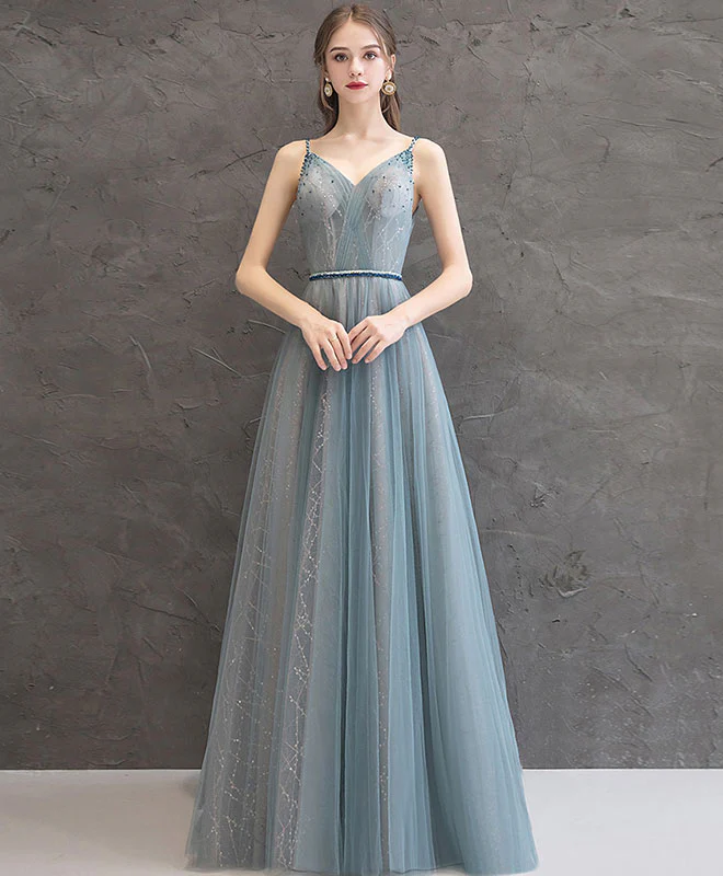 Gray Blue V Neck Tulle Long Prom Dress Gray Blue Evening Dress - Deanwangkt
