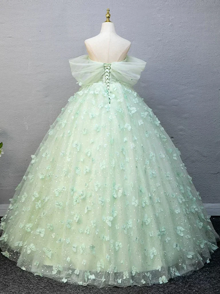 A-Line Tulle Lace Green Long Prom Dress, Green Long Formal Dress - Deanwangkt