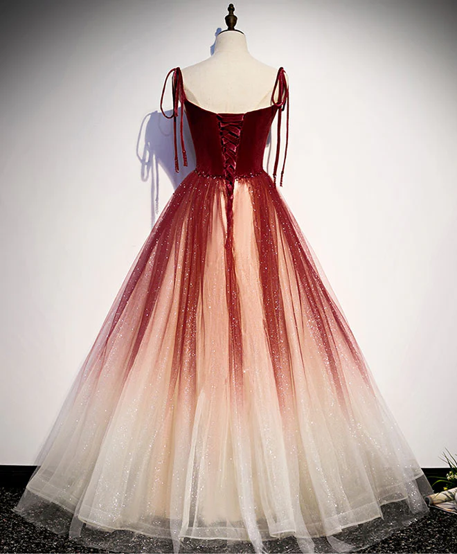 Burgundy Sweetheart Tulle Long Prom Dress Burgundy Evening Dress - Deanwangkt