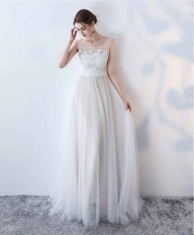 Elegant White Lace Tulle Long Prom Dress, White Evening Dress - Deanwangkt