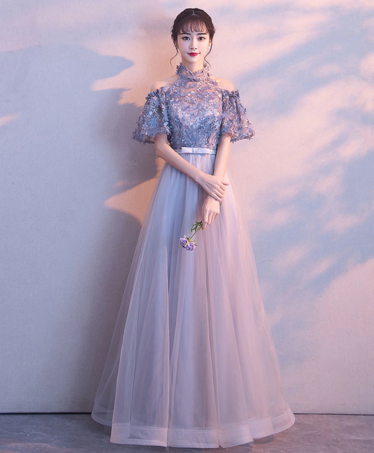 Unique Gray Tulle Applique Long Prom Dress, Gray Tulle Evening Dress - Deanwangkt