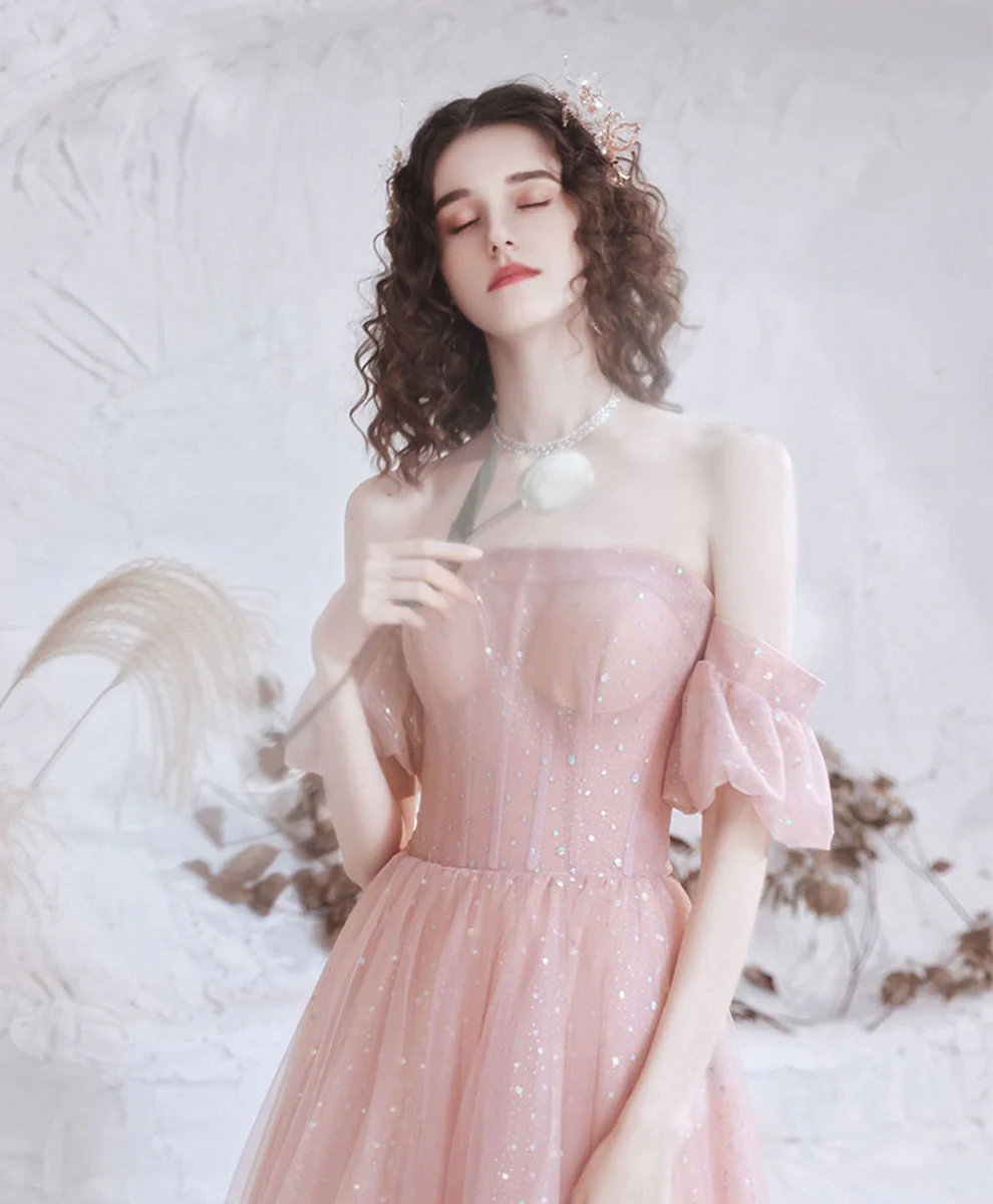Pink Aline Tulle Long Prom Dress, Pink Formal Evening Party Dress - Deanwangkt