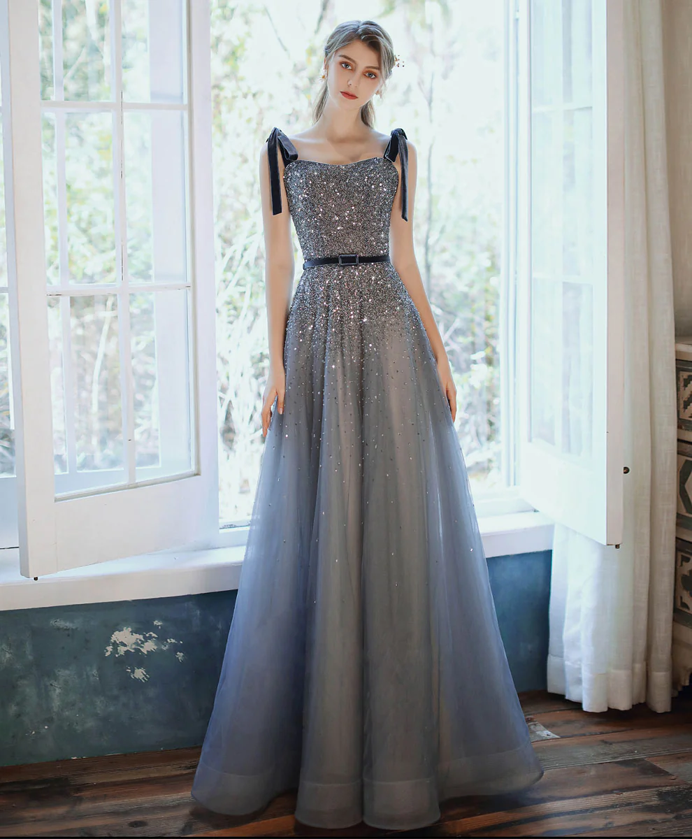 Blue Sweetheart Tulle Sequin Long Prom Dress Blue Formal Dress - Deanwangkt