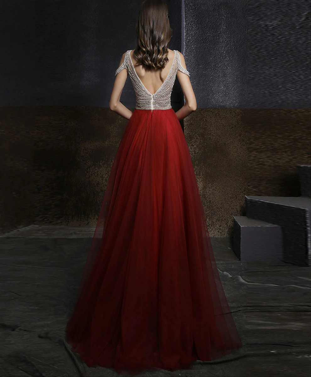 Burgundy V Neck Beading Long Prom Dress, Burgundy Long Formal Graduation Dress - Deanwangkt