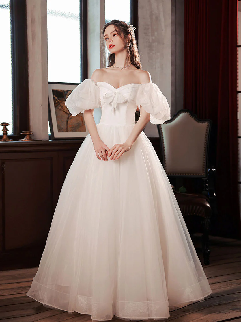 White Tulle Puffy Sleeves Long Prom Dress, White Tulle Sweet 16 Dresses - Deanwangkt