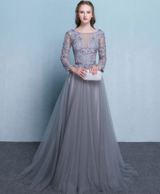 Gray Round Neck Lace Tulle Long Prom Dress, Gray Lace Evening Dress - Deanwangkt