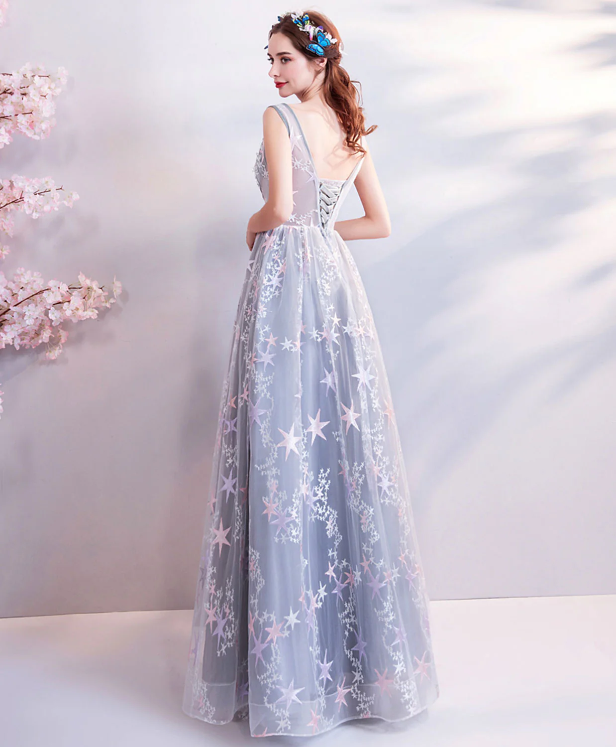 A-Line Gray V Neck Lace Long Prom Dress, Gray Lace Formal Evening Dresses - Deanwangkt