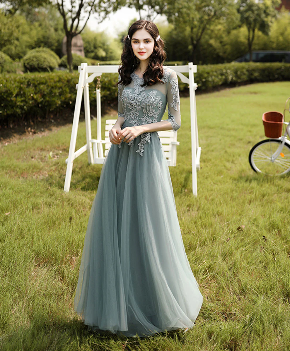 Green Tulle Lace Long Prom Dress, Green Tulle Lace Bridesmaid Dress - Deanwangkt