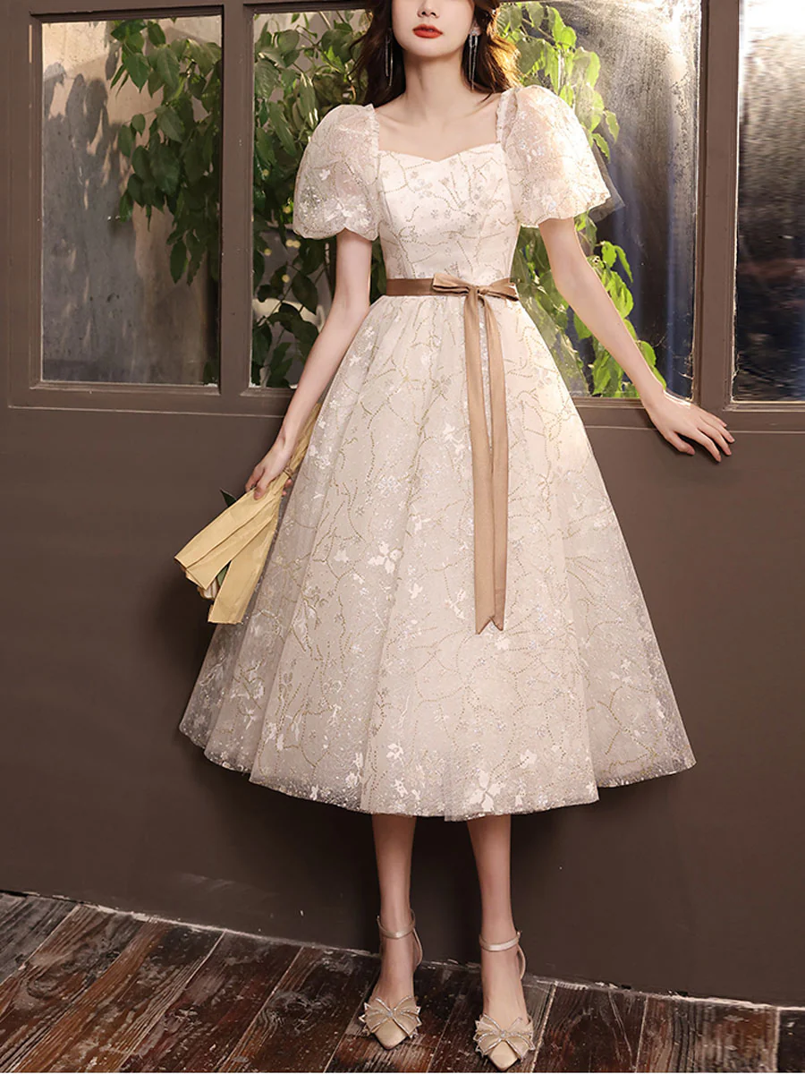 White A-line Lace Tulle Beige Short Prom Dress, Beige Homecoming Dress - Deanwangkt