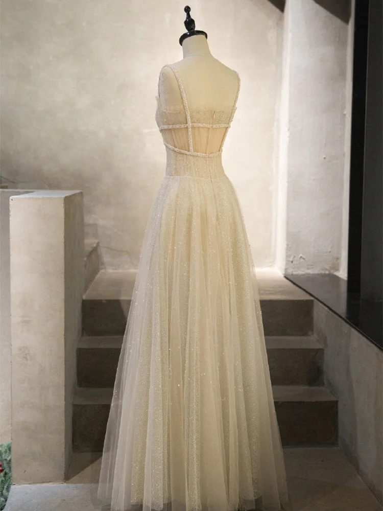 Unique Tulle Sequin Long Prom Dress, Tulle Sequin Graduation Dresses - Deanwangkt