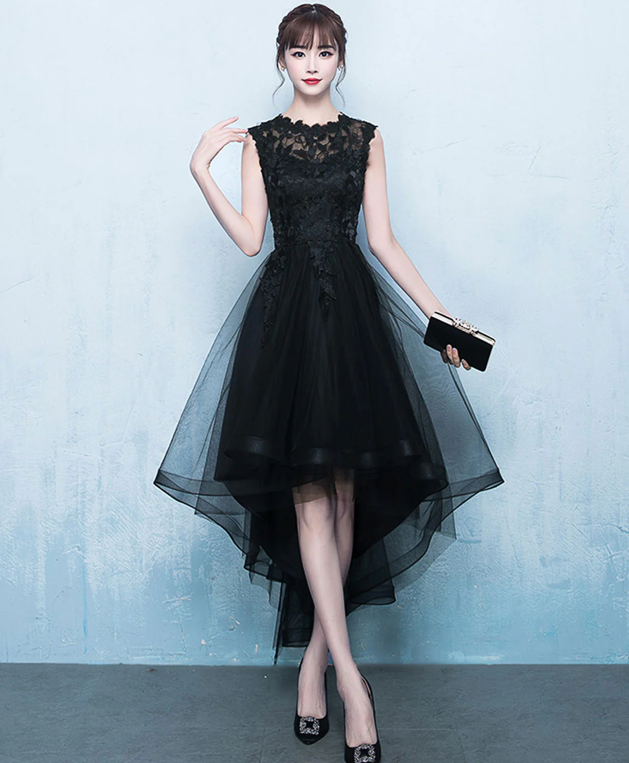 Black A-Line Tulle High Low Prom Dress, Black Homecoming Dresses - Deanwangkt