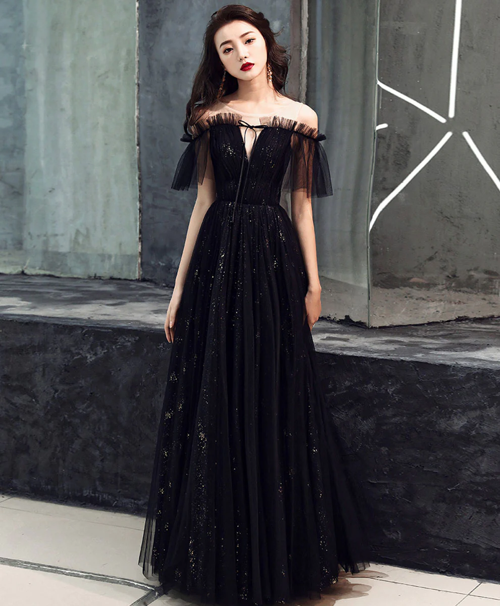 Black Tulle Off Shoulder Long Prom Dress Black Formal Dress - Deanwangkt