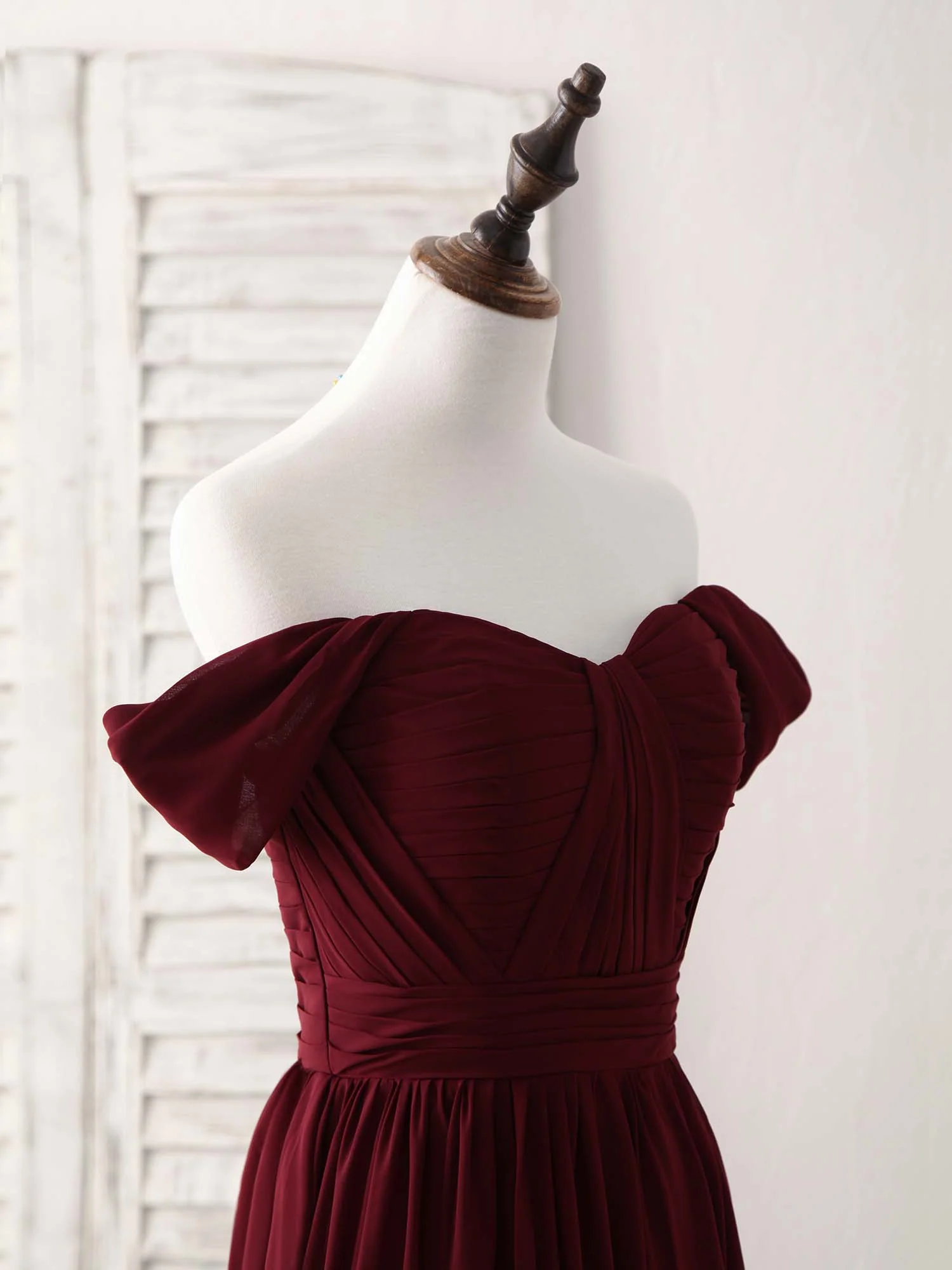 Burgundy Chiffon Off Shoulder Long Prom Dress Burgundy Bridesmaid Dress - Deanwangkt