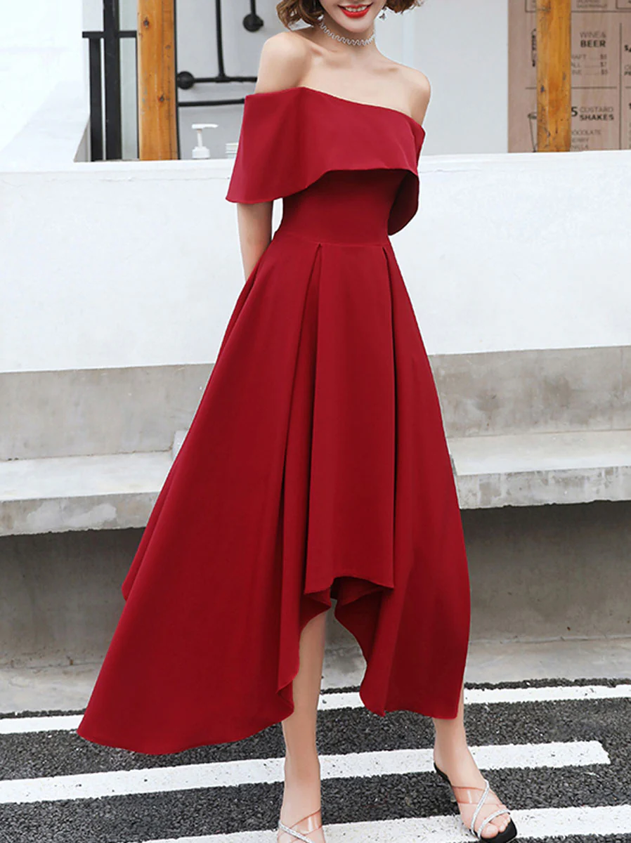 Simple Burgundy Off Shoulder Prom Dresses, Burgundy Homecoming Dresses - Deanwangkt