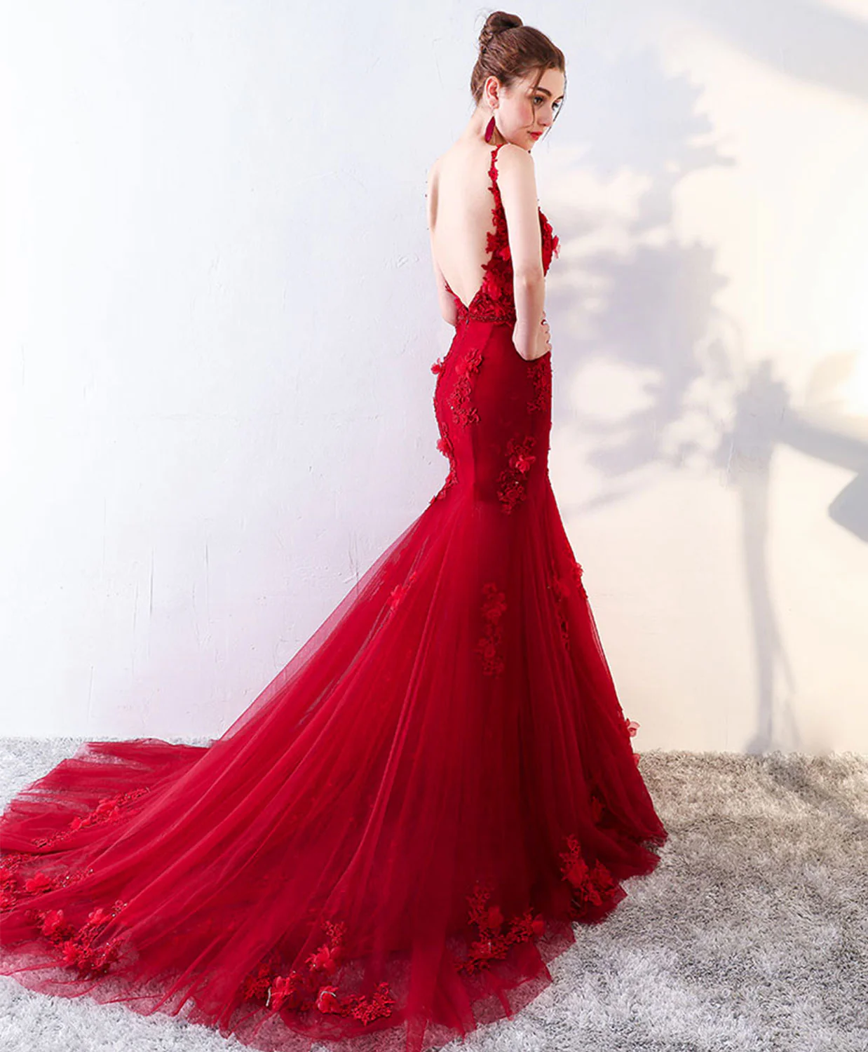 Burgundy Mermaid Long Prom Dress, Lace Mermaid Lace Long Evening Dress - Deanwangkt