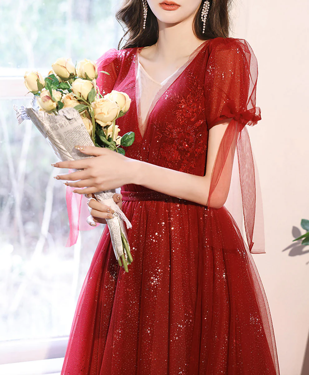 Burgundy V Neck Tulle Lace Long Prom Dress Burgundy Formal Dress - Deanwangkt