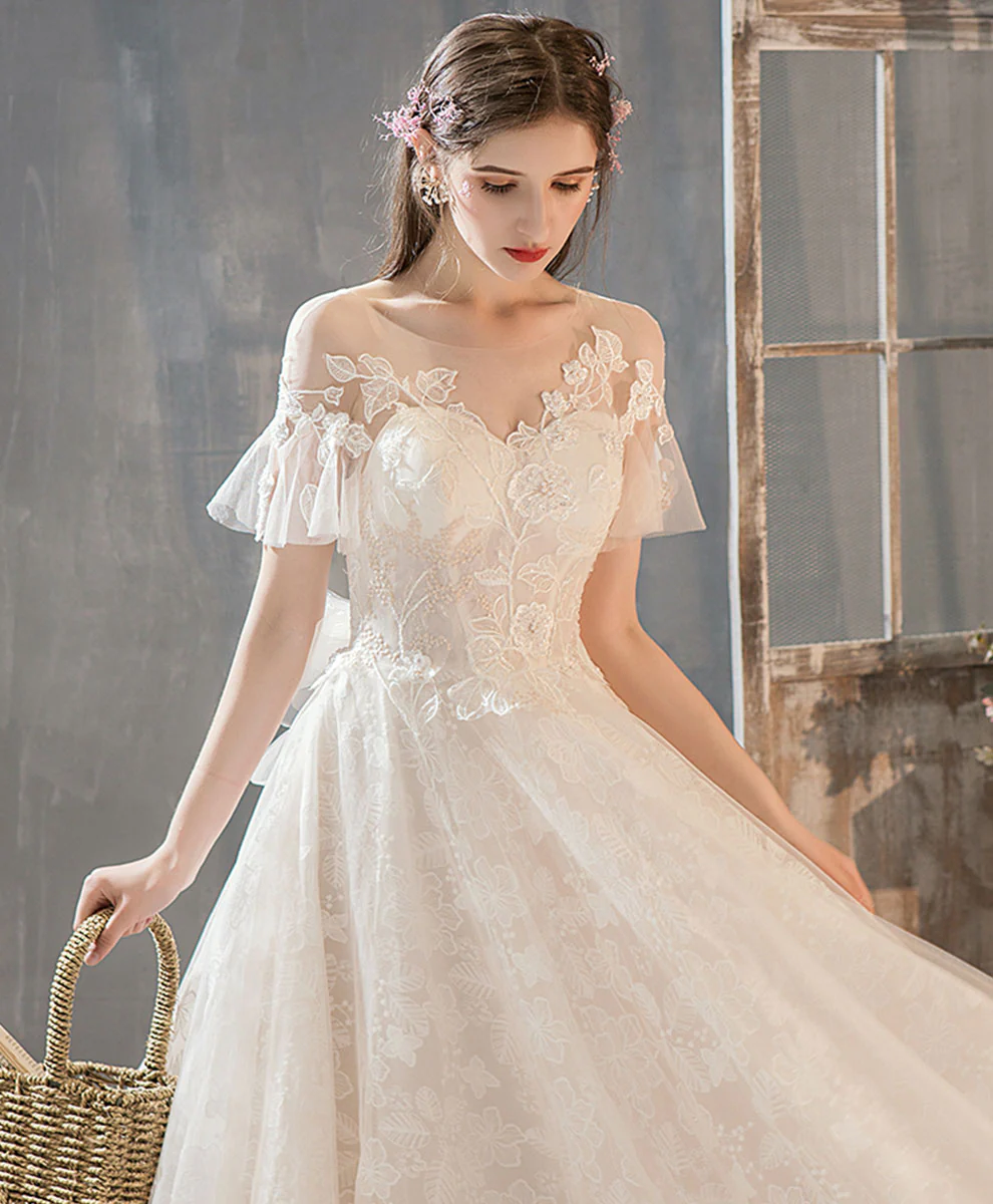 Light Champagne Tulle Lace Long Wedding Dress, Lace Bridal Dress - Deanwangkt