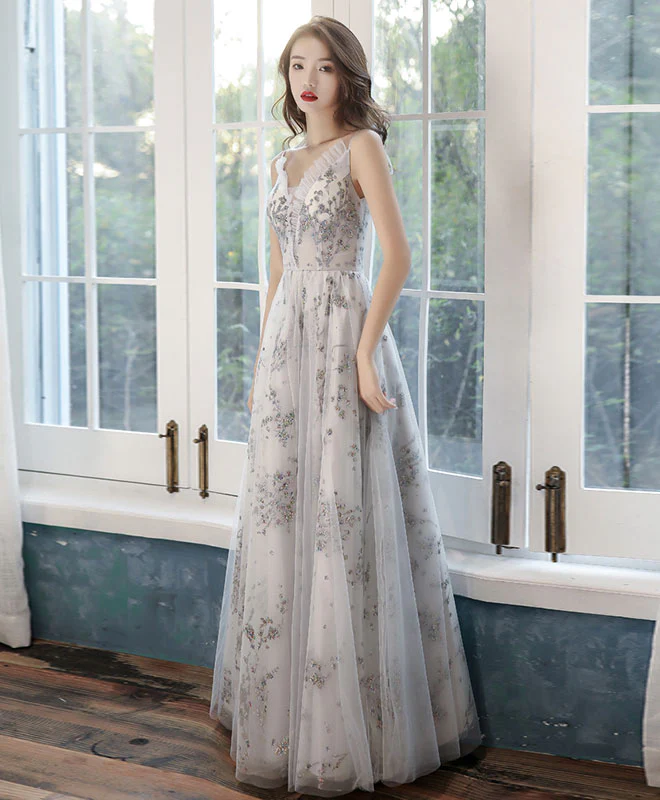 Gray Tulle Lace Long Prom Dress Gray Tulle Lace Formal Dress - Deanwangkt
