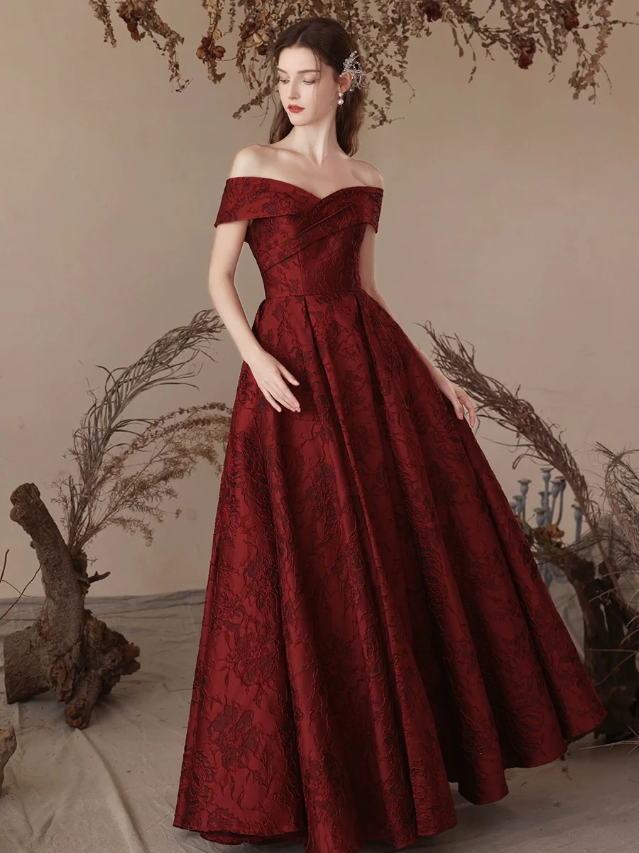 A-Line Off Shoulder Satin Burgundy Long Prom Dress, Burgundy Long Formal Dress - Deanwangkt