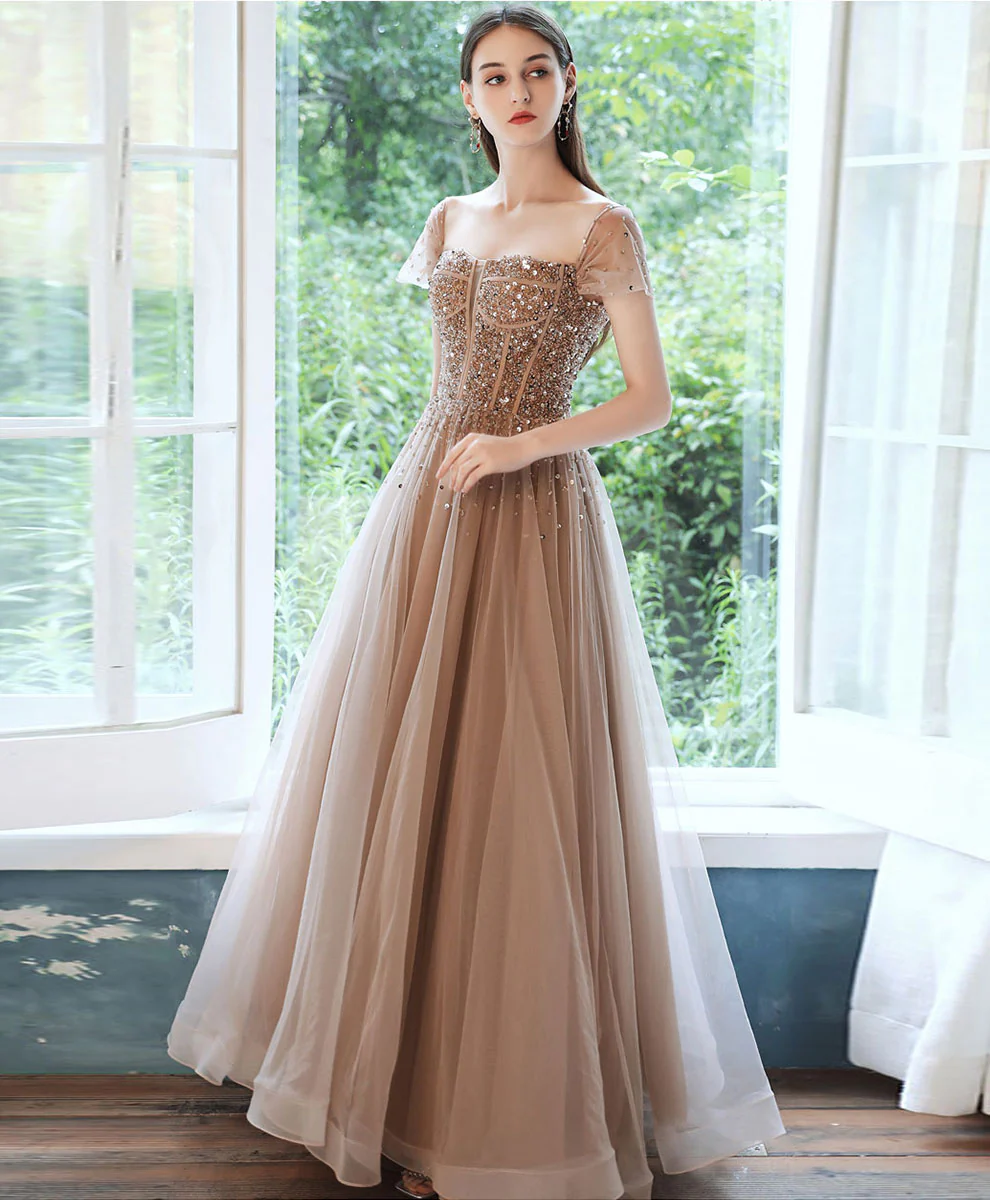 Champagne Tulle Sequin Beads Long Prom Dress Tulle Formal Dress - Deanwangkt